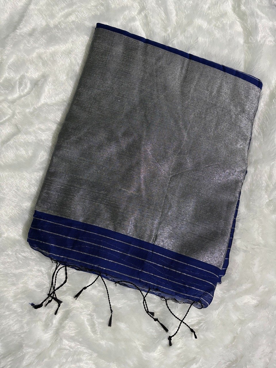 Navy Blue Silver Zari Linen Silk Saree